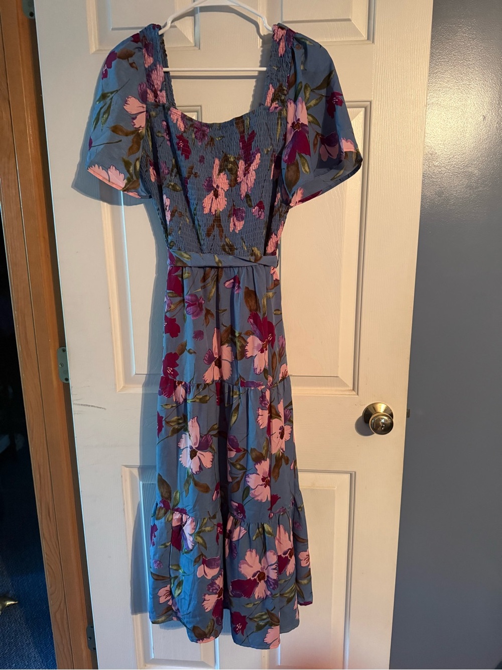 Blue Floral Maxi Dress with Pink Bloom Print and Smocked Bodice